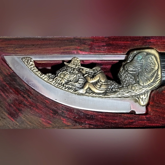 Collectors Vtg Brass and Stainless Steel Fixed Blade Knife w/Dog and Hunter … - Picture 9 of 16
